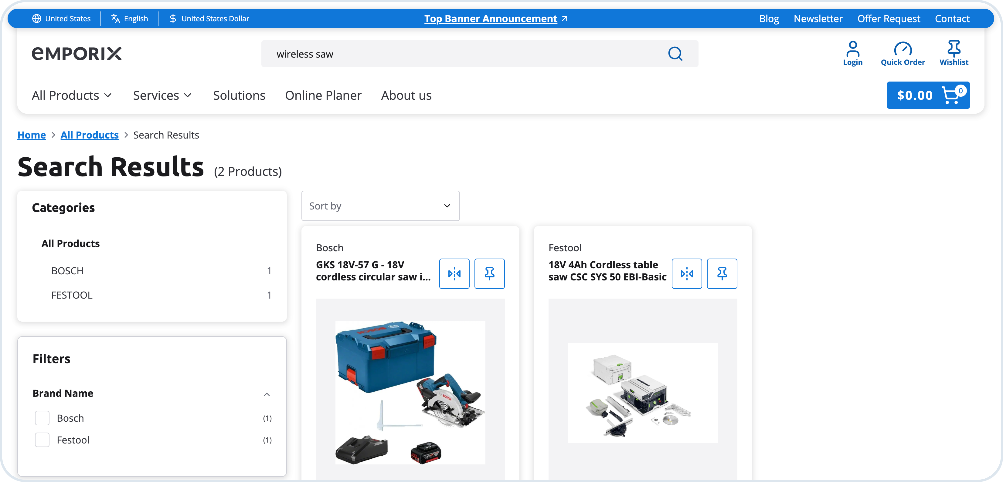 B2B Commerce Frontend search results for wireless saw showing cordless products