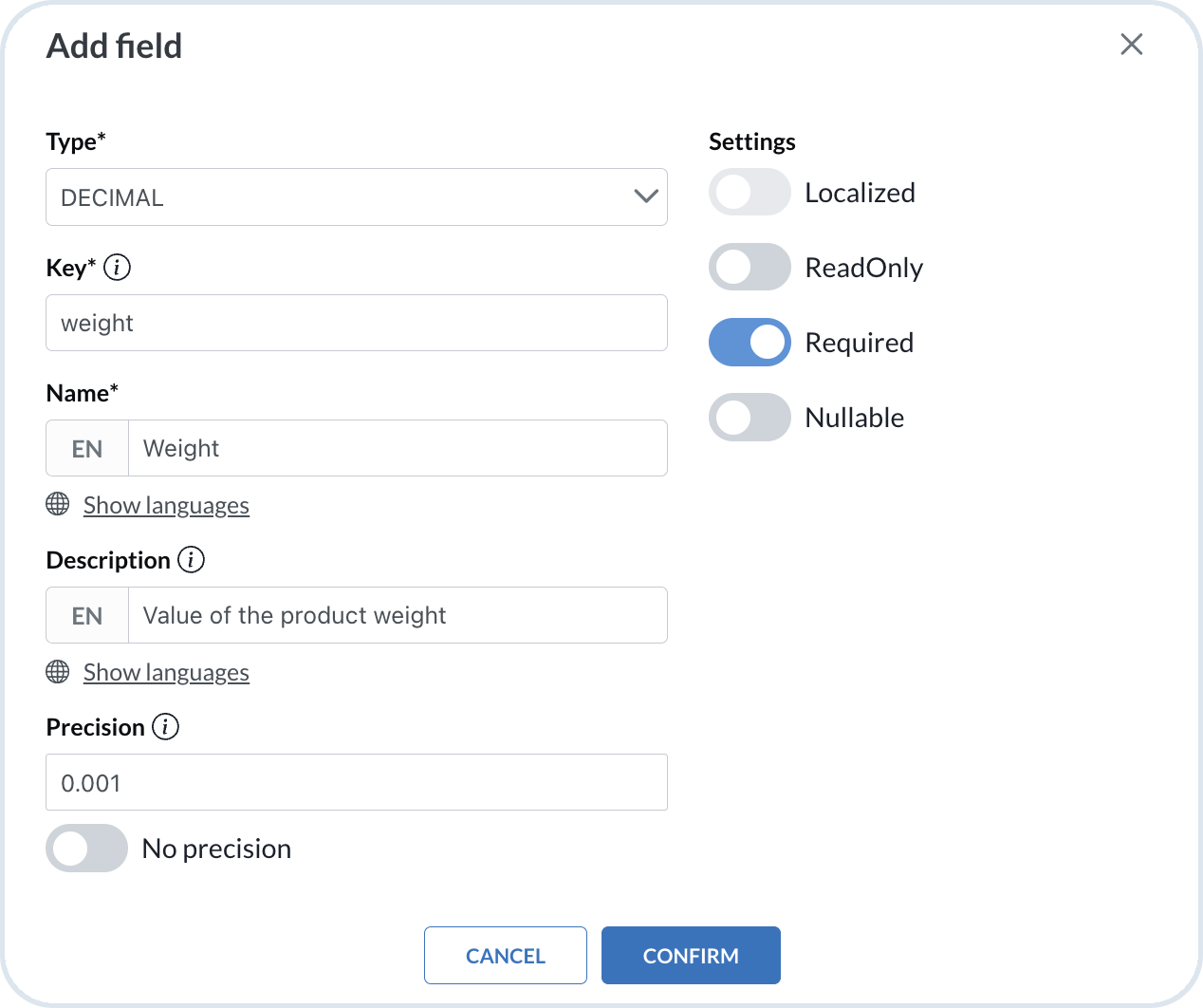 Configuring decimal settings for a mixin field