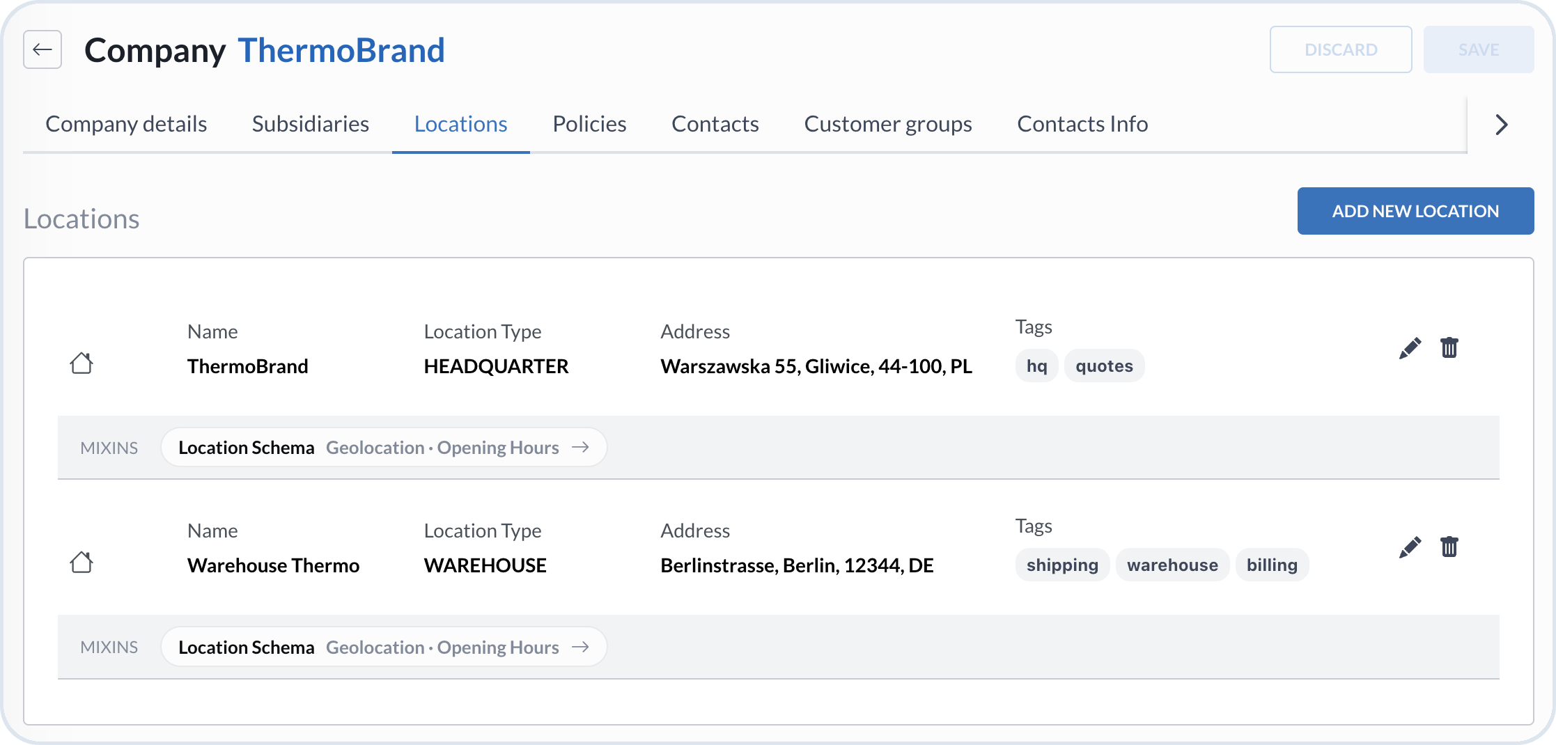 Company Locations tab with MIXINS bar and Location Schema on each location card