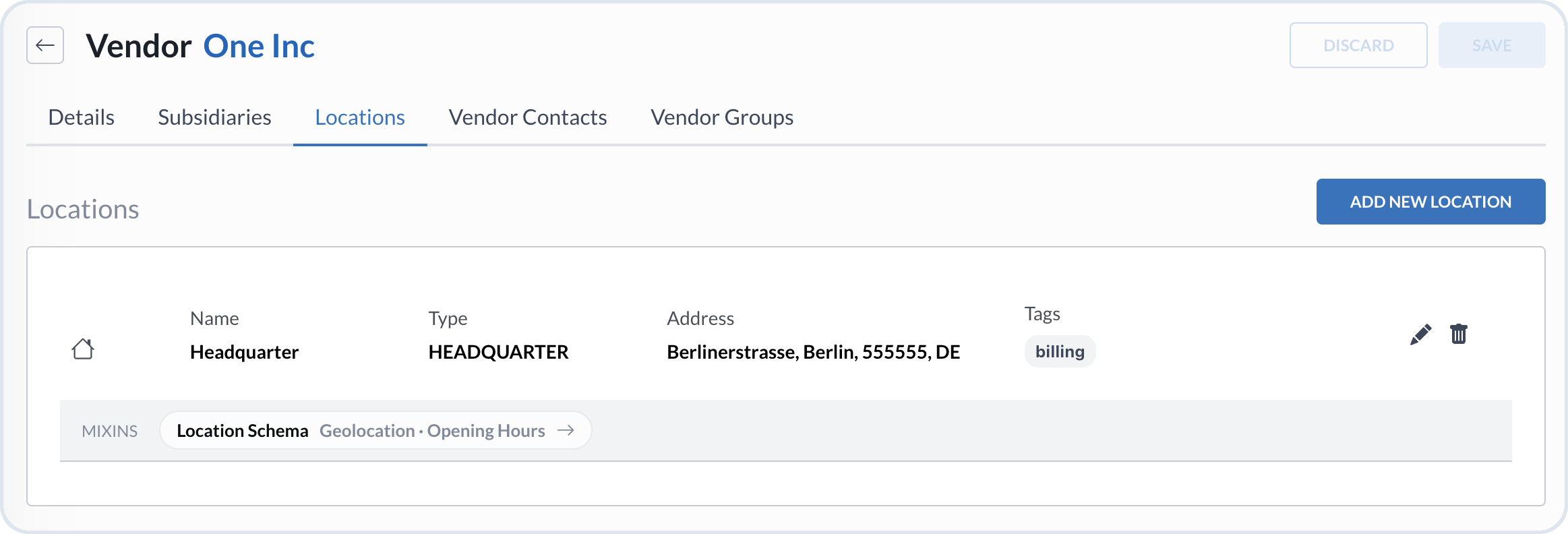 Vendor Locations tab with MIXINS bar and Location Schema on each location card