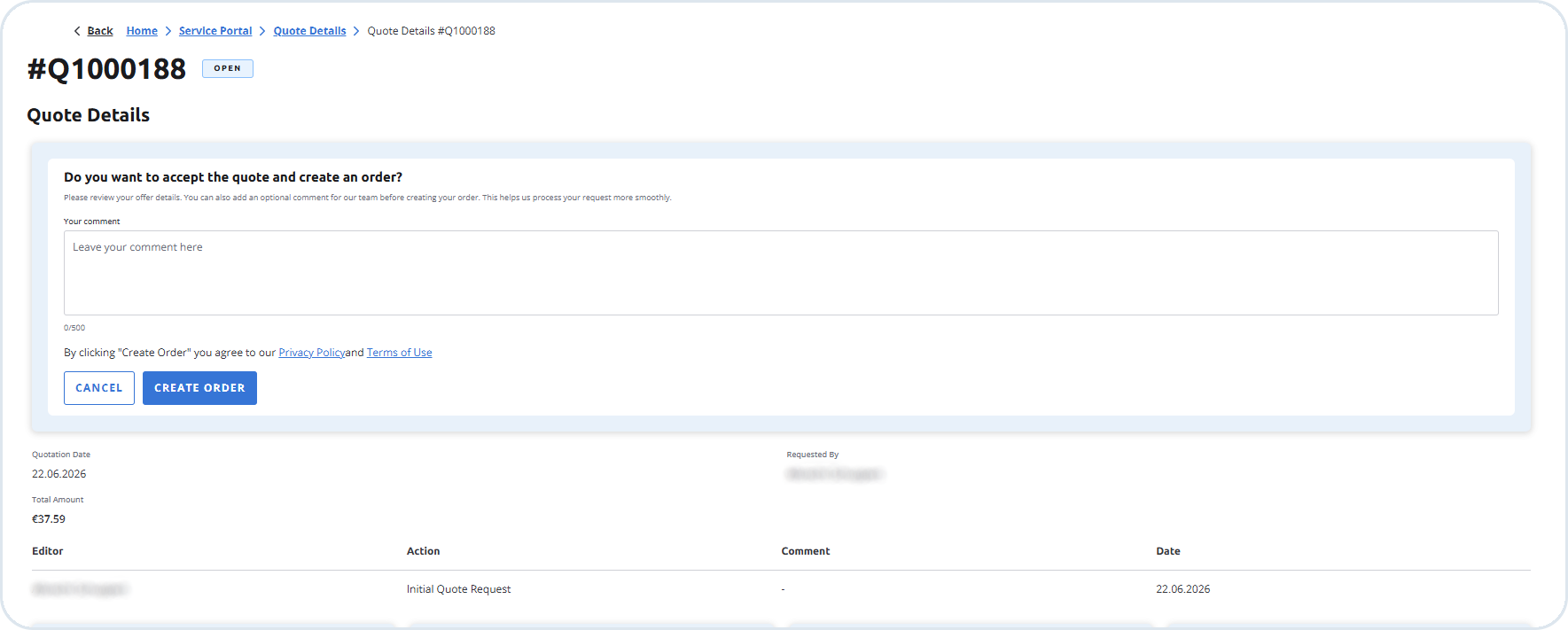 B2B Commerce Frontend prompt to accept the quote and create an order