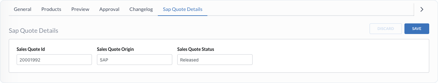 Sap Quote Details tab showing Sales Quote Id, Sales Quote Origin, and Sales Quote Status Released