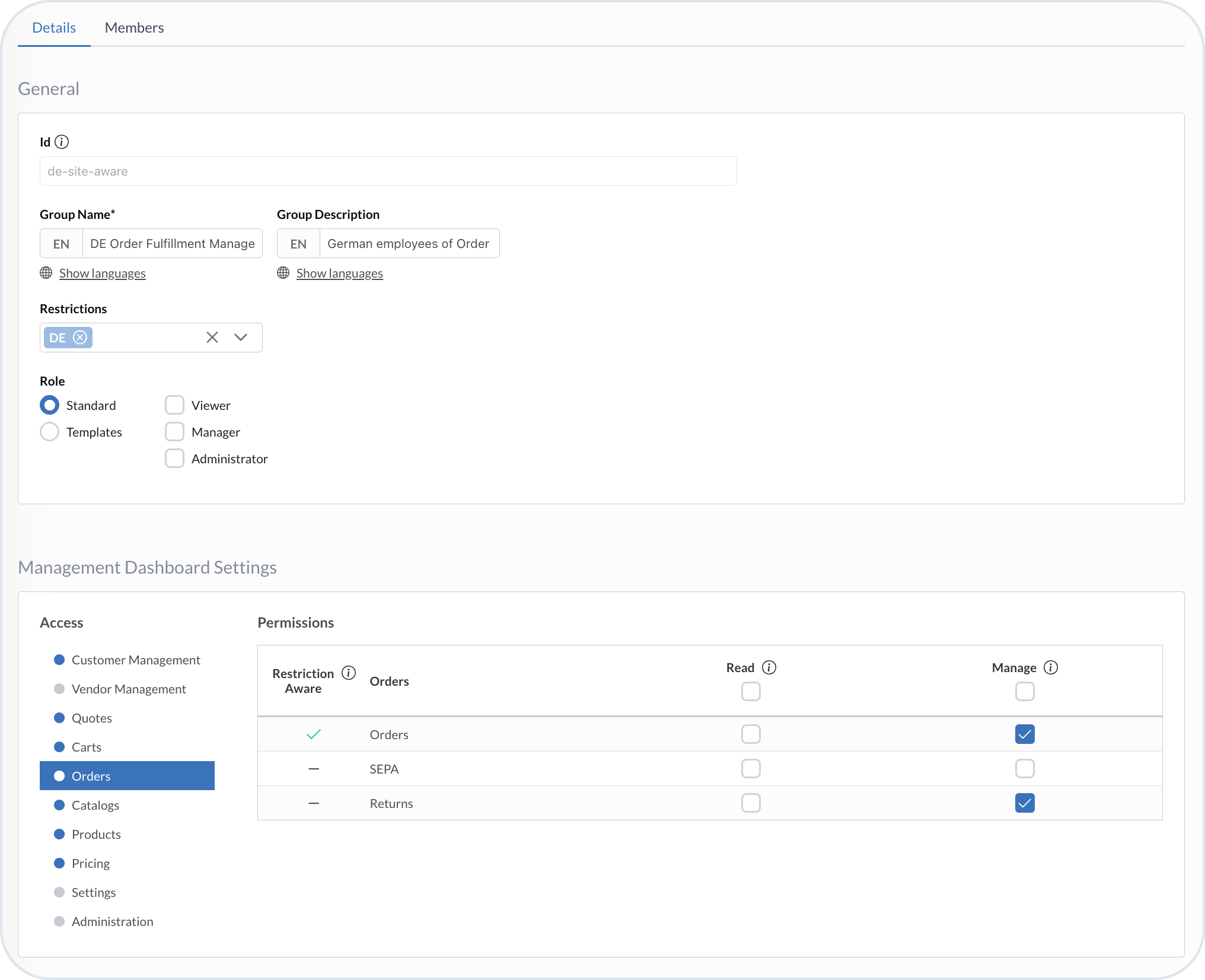 Group with DE site permissions