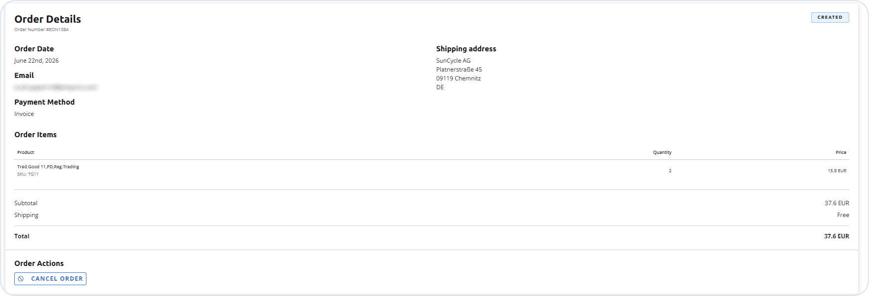 Order details on the B2B Commerce Frontend with Created status