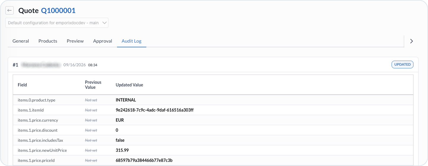 Quote Audit Logs tab