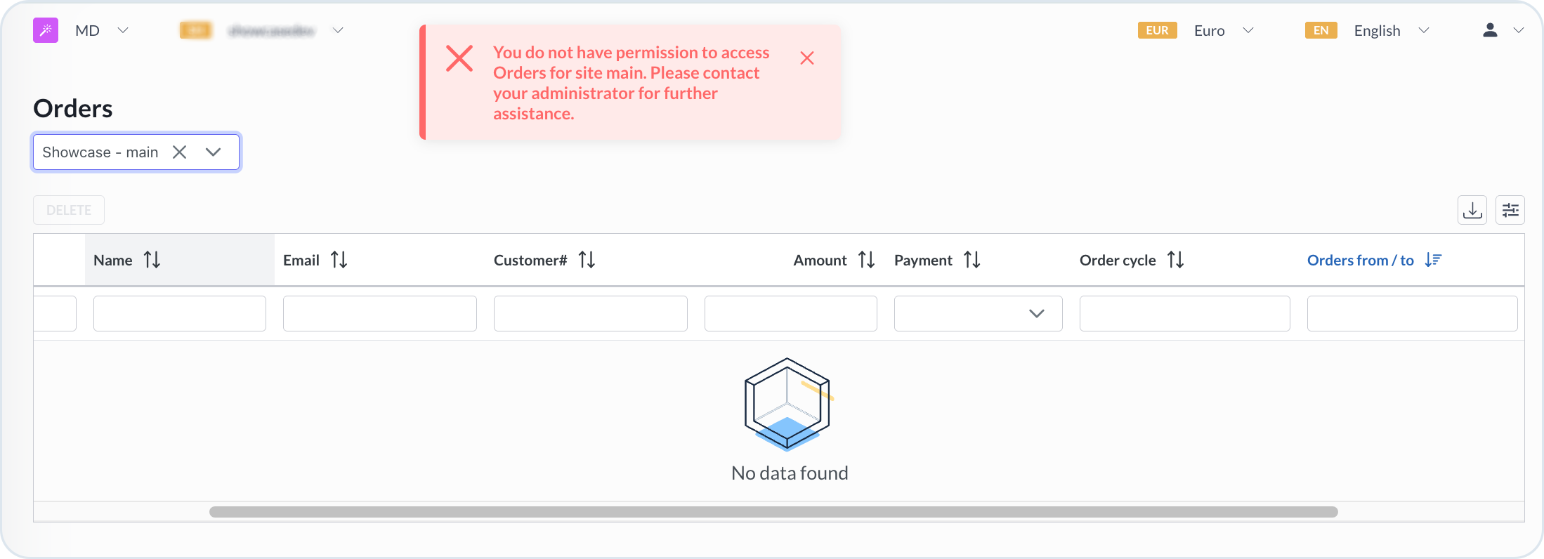 User's view with restricted order access