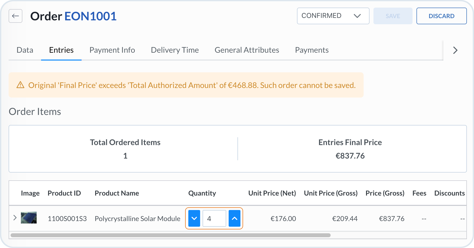 Not approved order entries modification