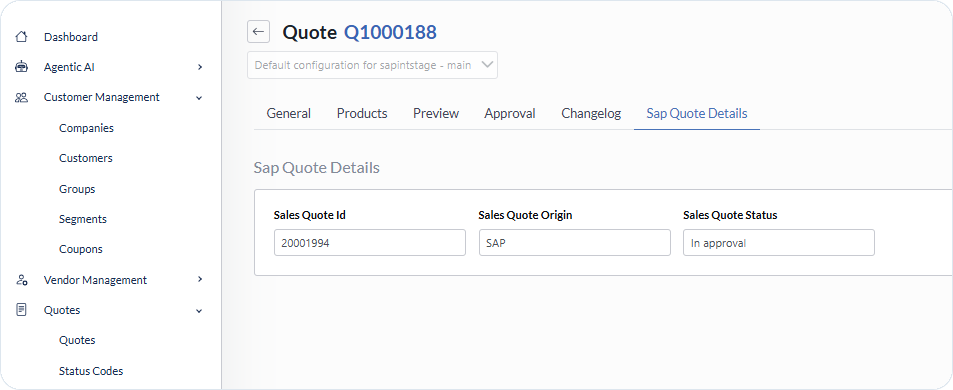 Sap Quote Details tab showing Sales Quote Status In approval