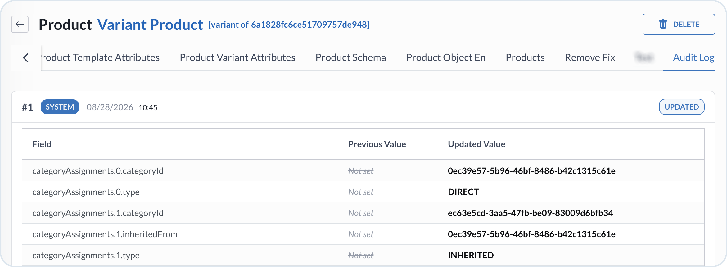 Product Audit Logs tab
