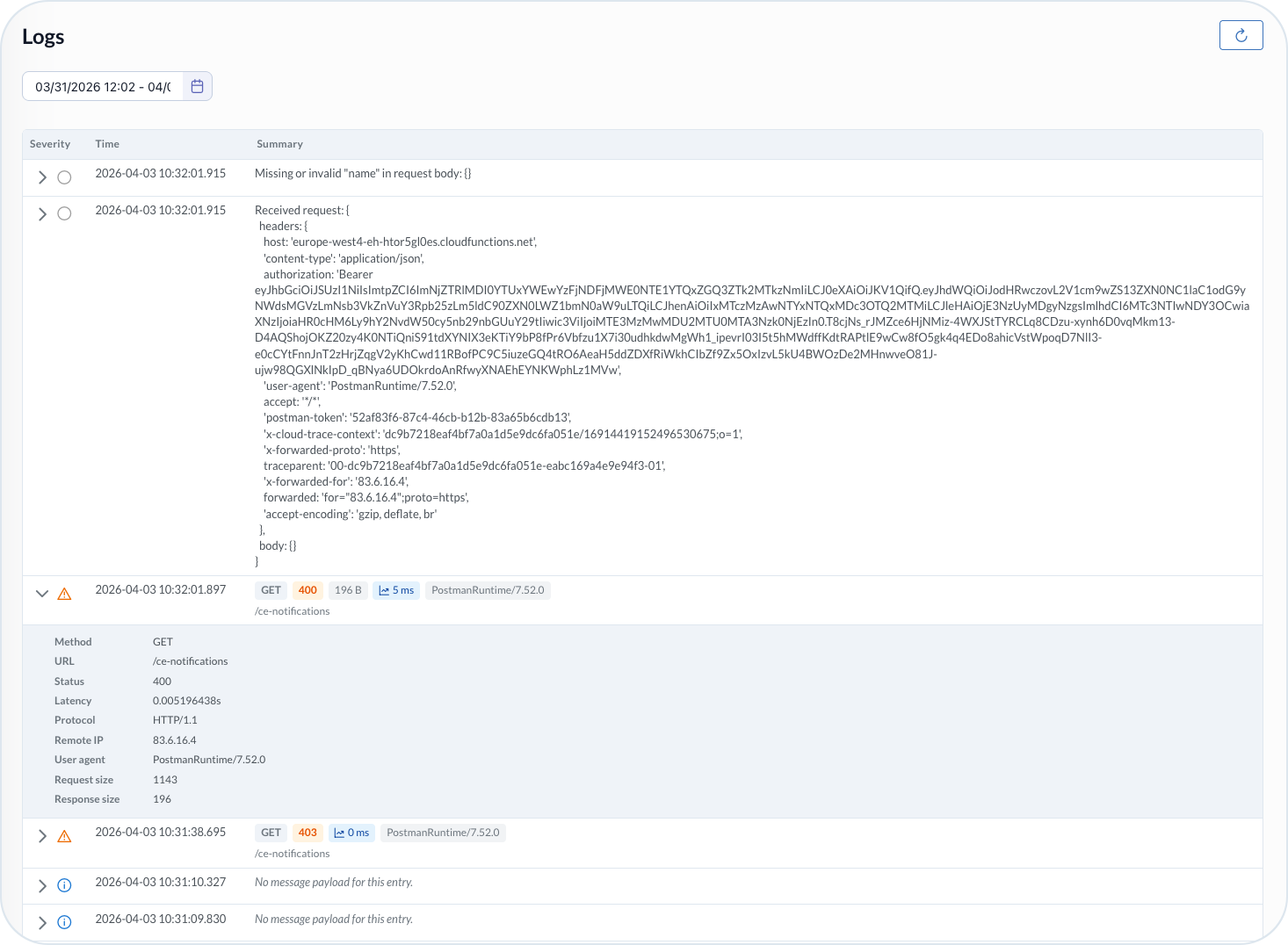 Cloud function logs