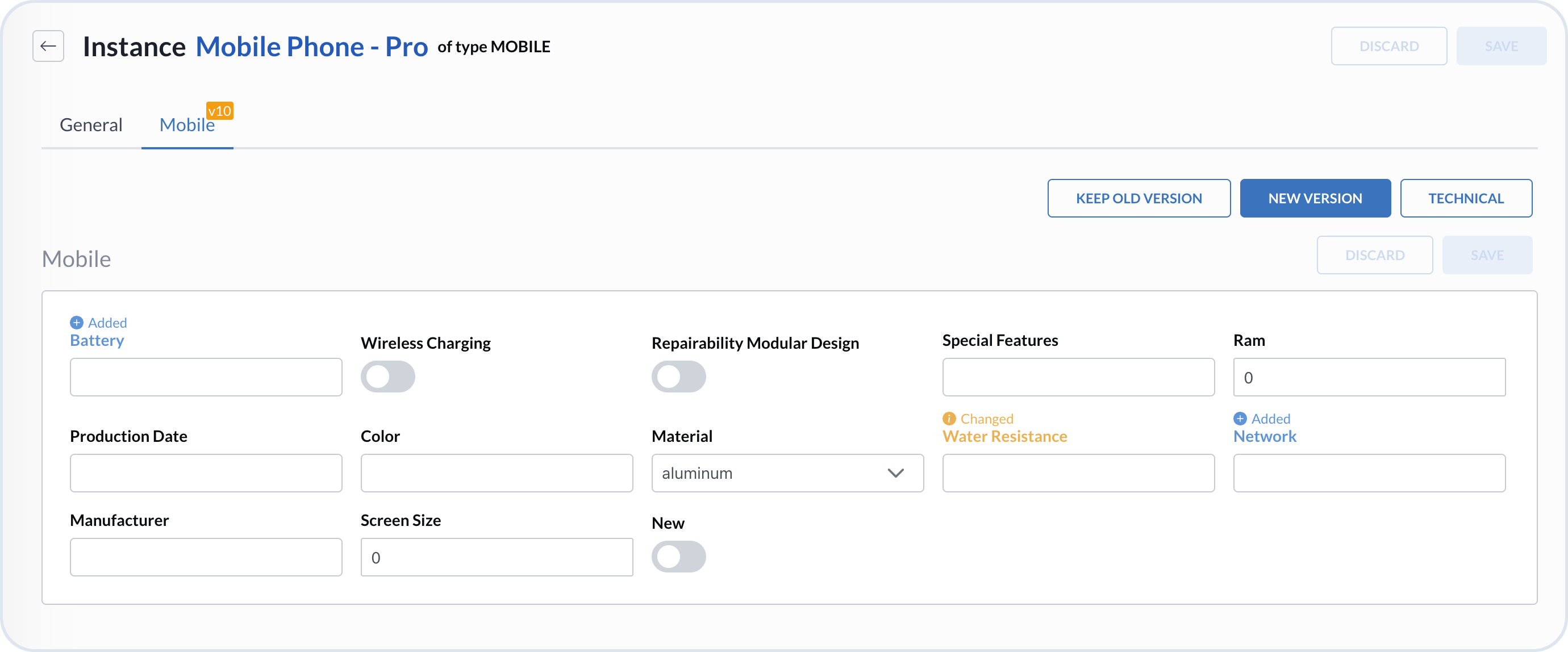 Entity view showing newly added (blue) and modified (yellow) mixin fields