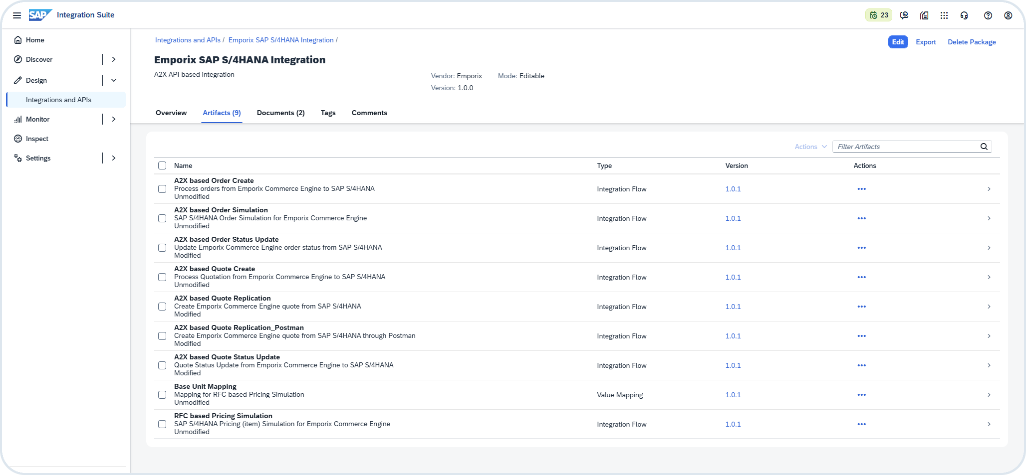 Integration Package Artifacts view listing integration flows and value mappings