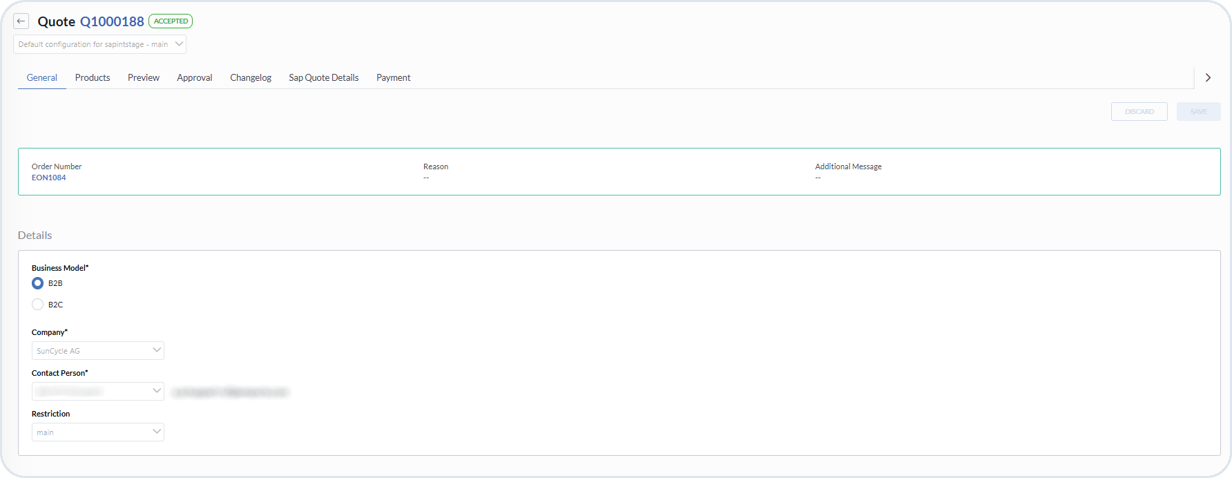 Accepted quote in the Management Dashboard with related Order Number