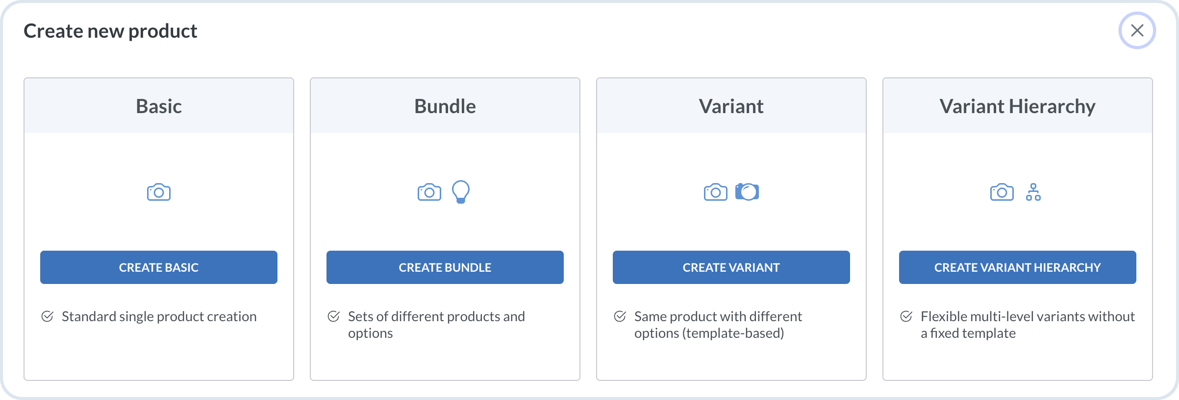 Add new product menu with Basic, Bundle, Variant, and Variant Hierarchy options