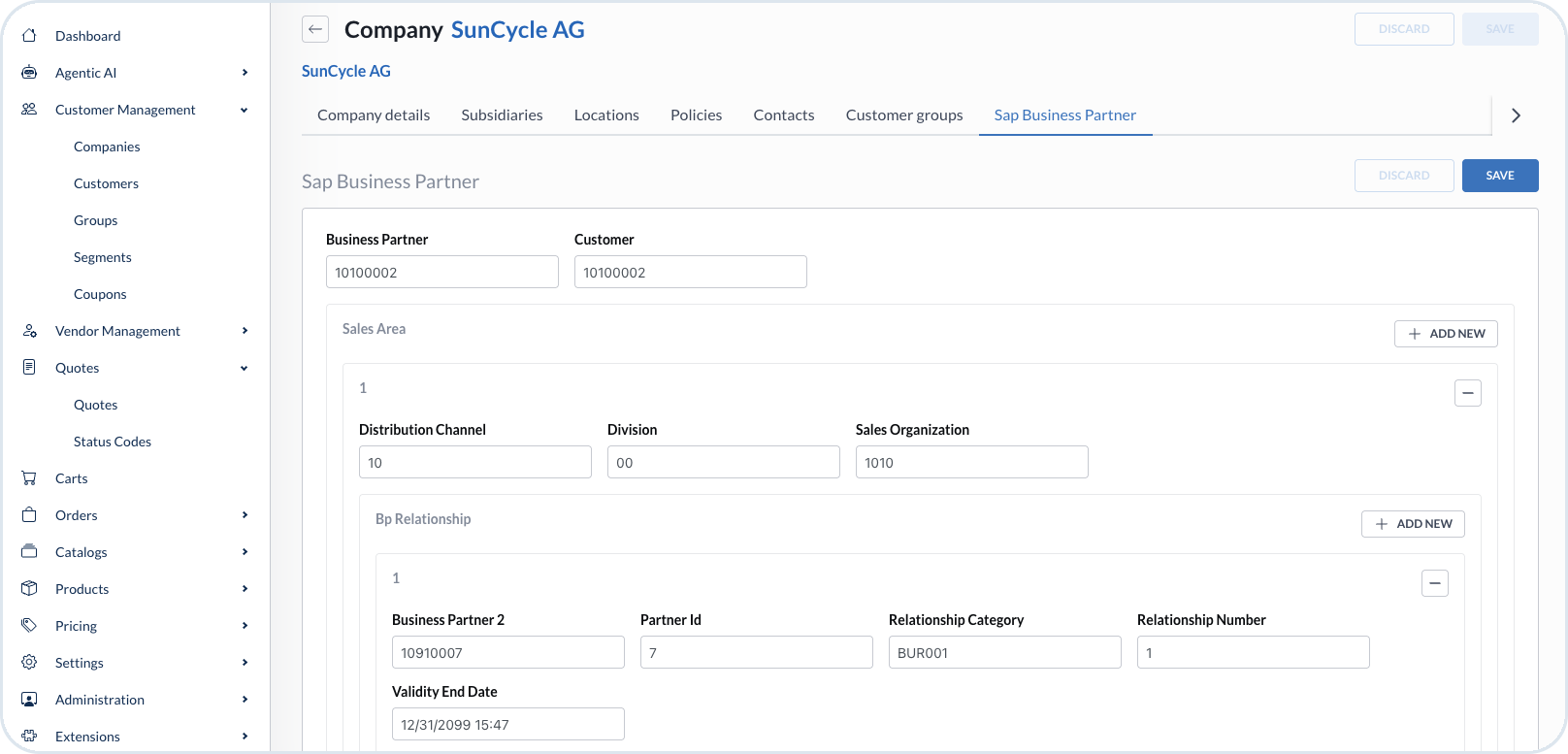 SAP Business Partner and Sales Area configuration for a company