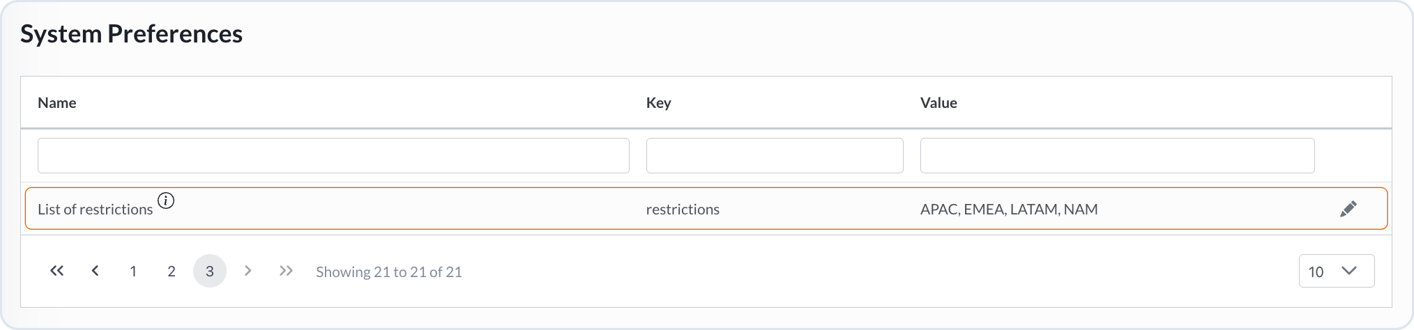 List of custom restrictions list setting