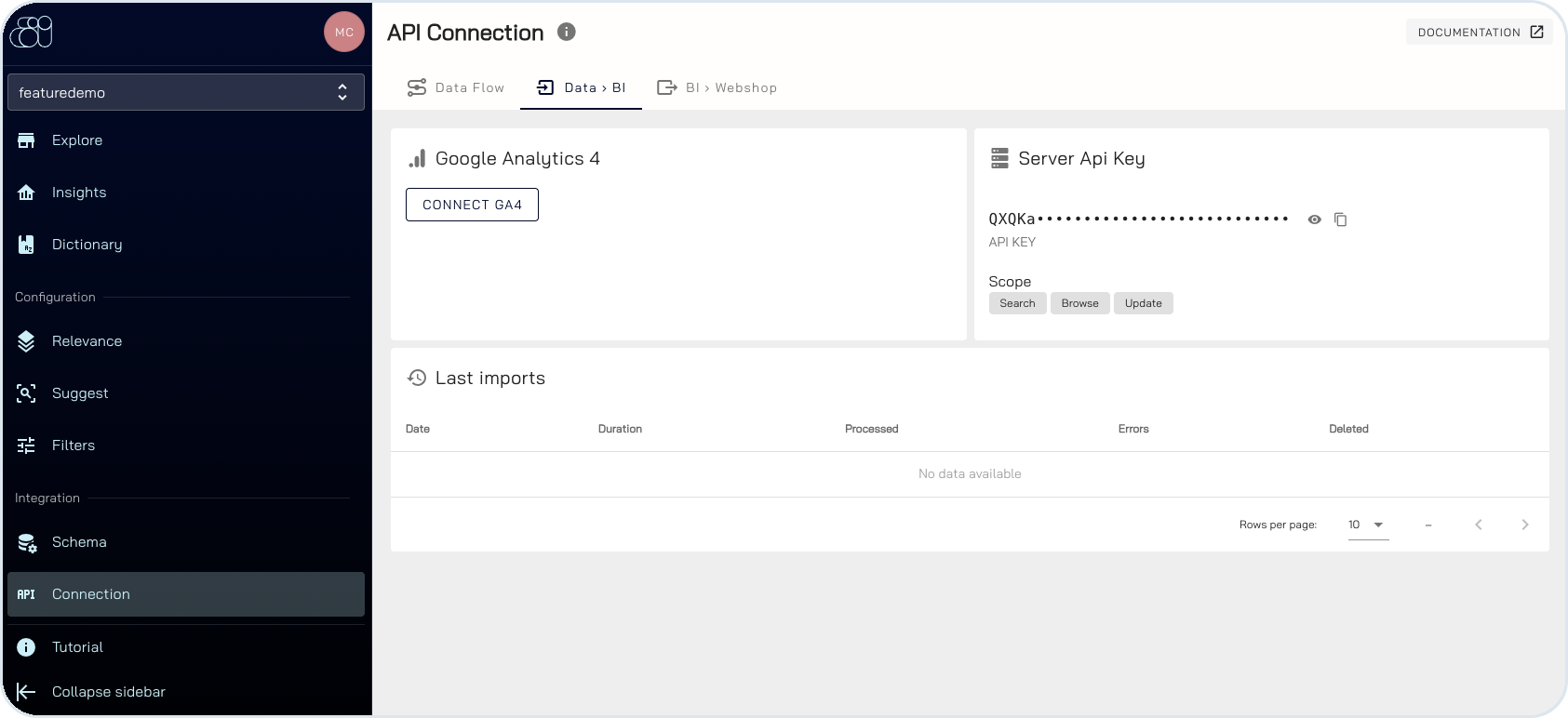 BatteryIncluded server API key under API Connection Data-BI