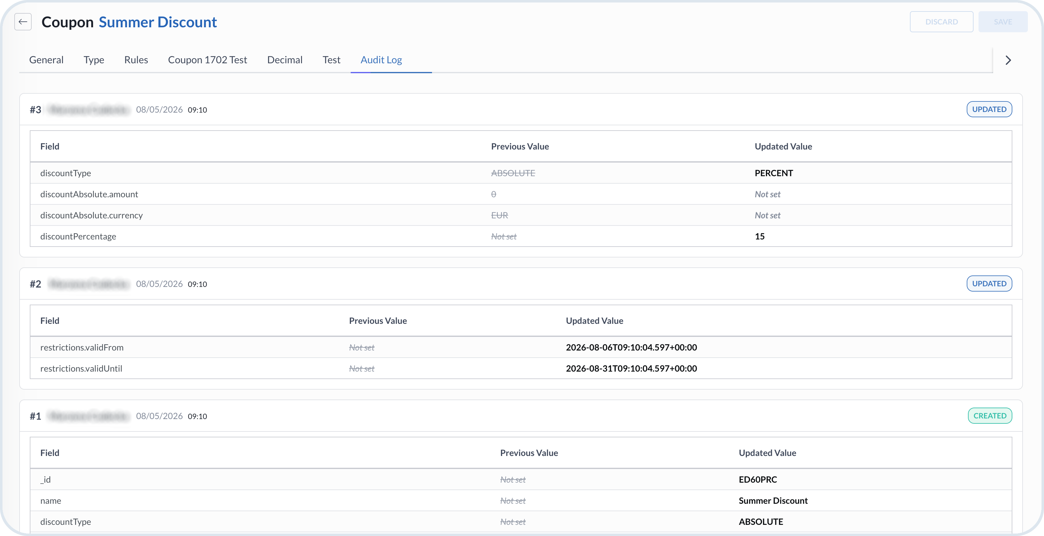 Coupon Audit Logs tab