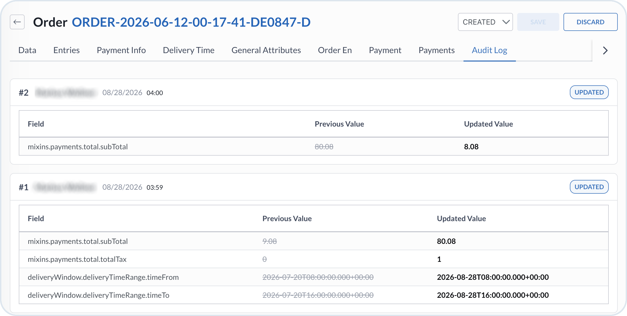 Order Audit Logs tab