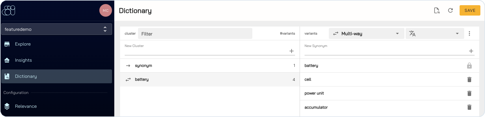 BatteryIncluded synonym dictionary