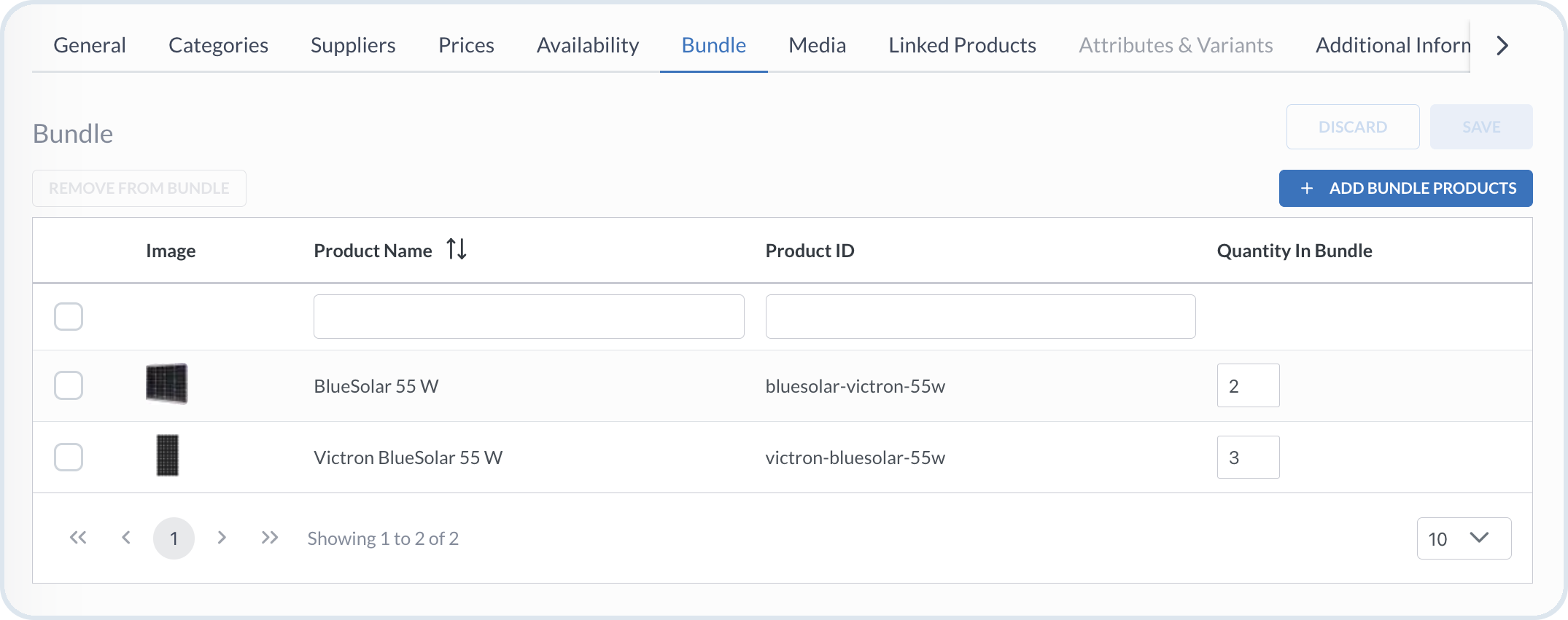 Bundles tab showing products and quantities in a bundle