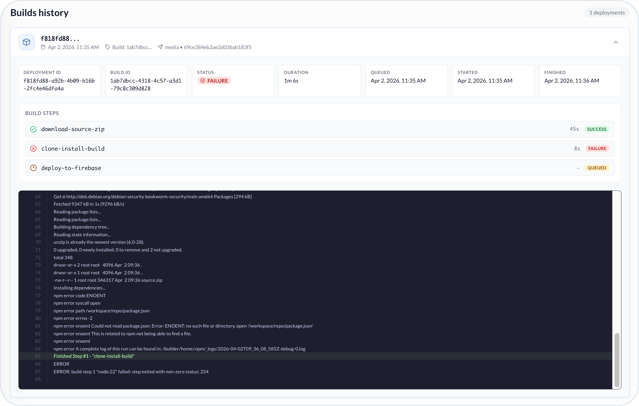 Extension deployment failed