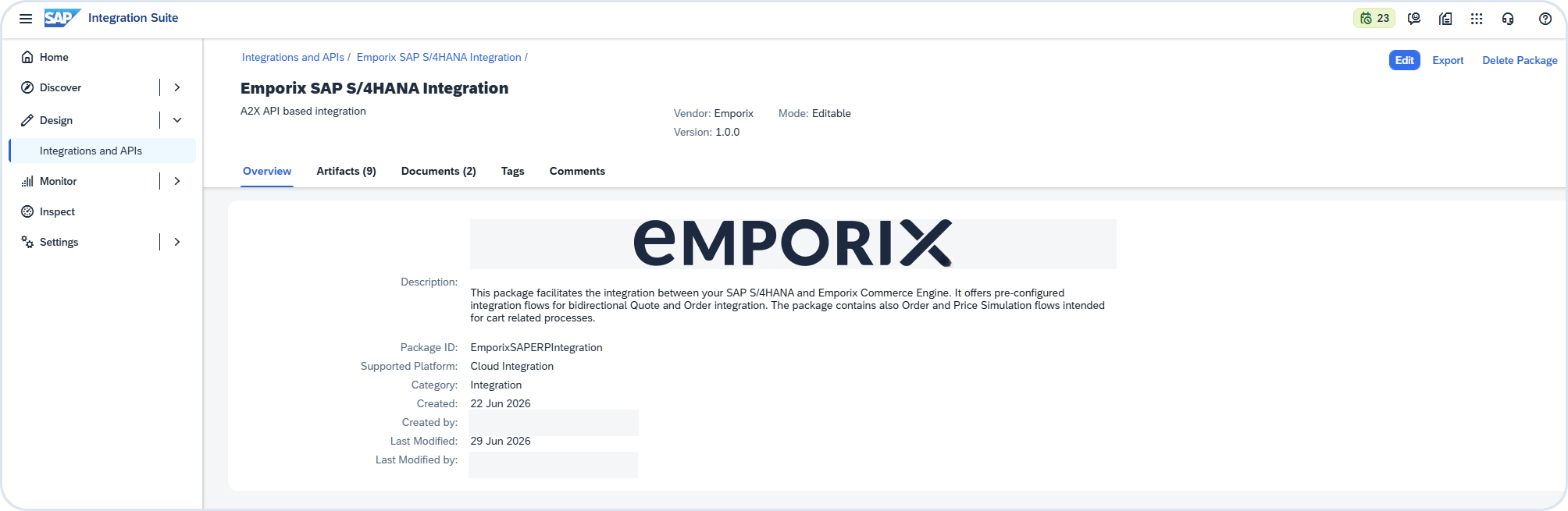 Emporix SAP S/4HANA Integration package overview in SAP Integration Suite