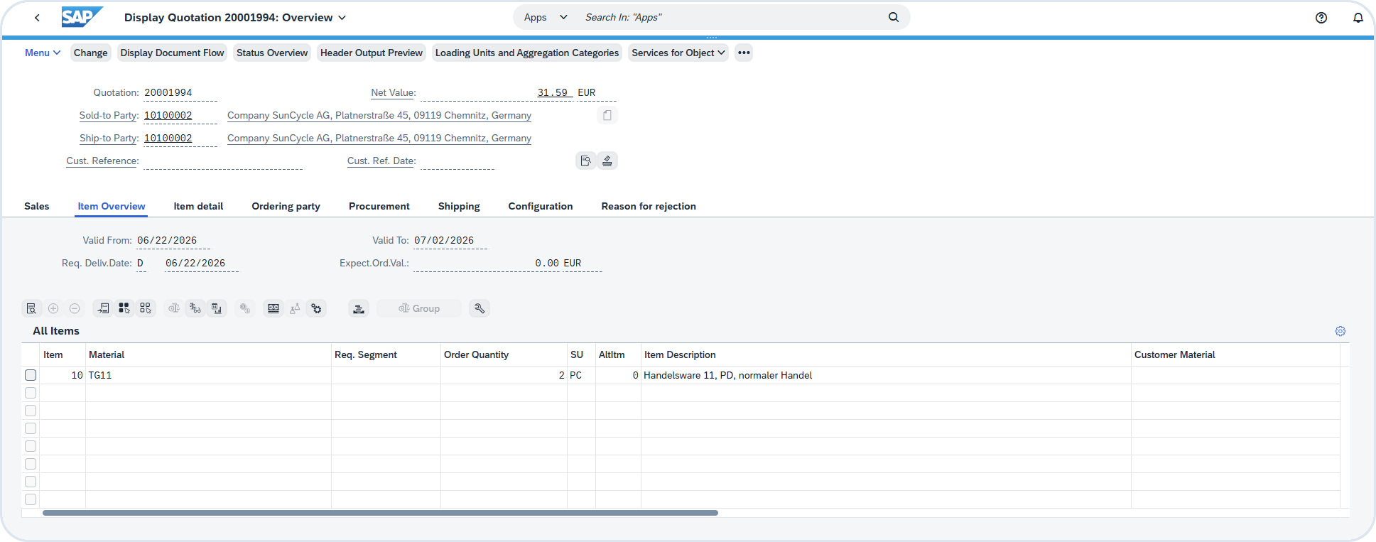 Create Quotation overview in SAP S/4HANA with Sales Area, sold-to party, and line items
