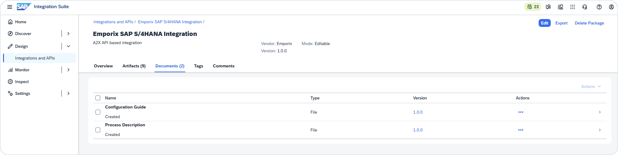 Integration Package Documents view with Configuration Guide and Process Description