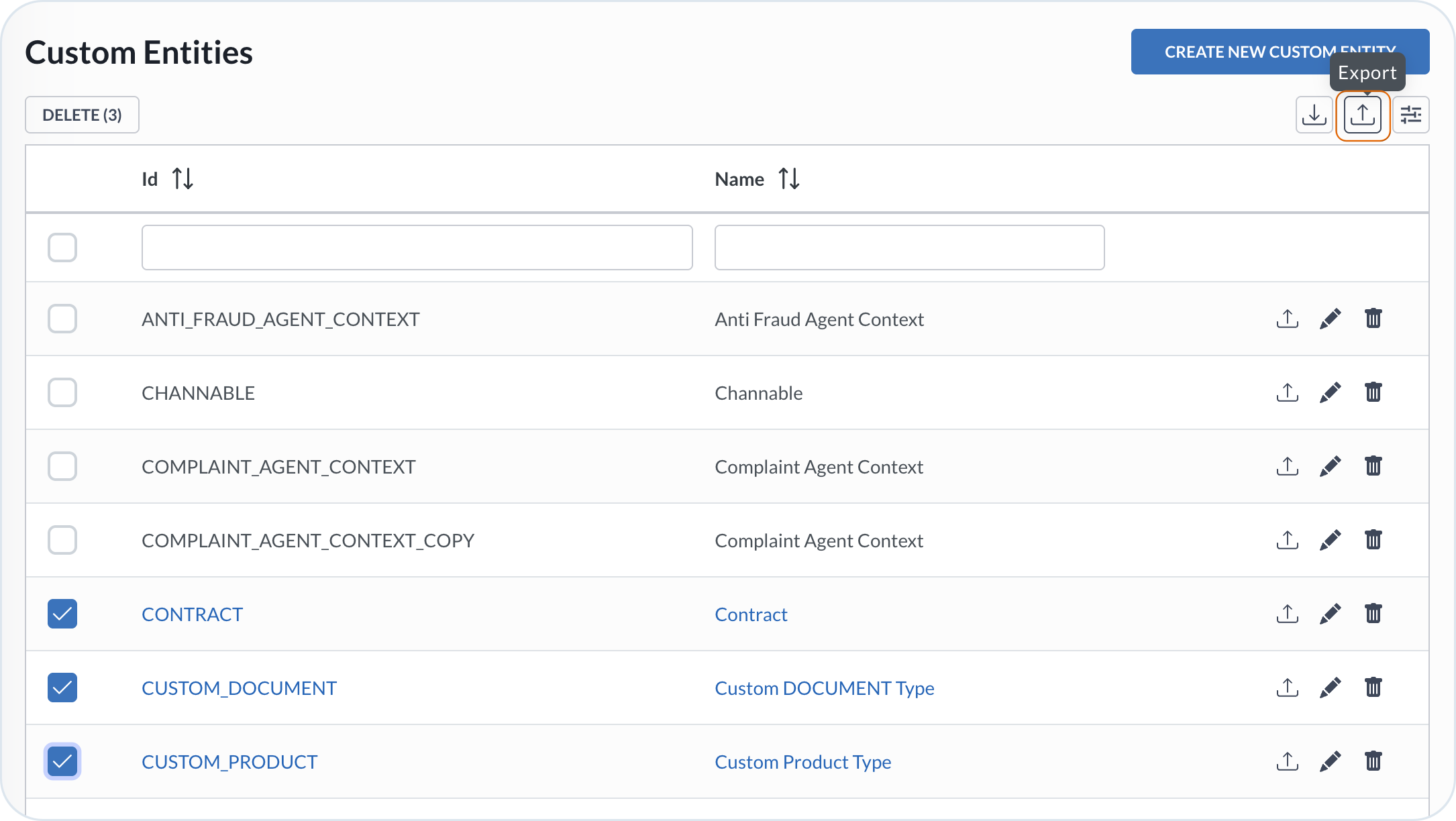 Exporting multiple custom entities