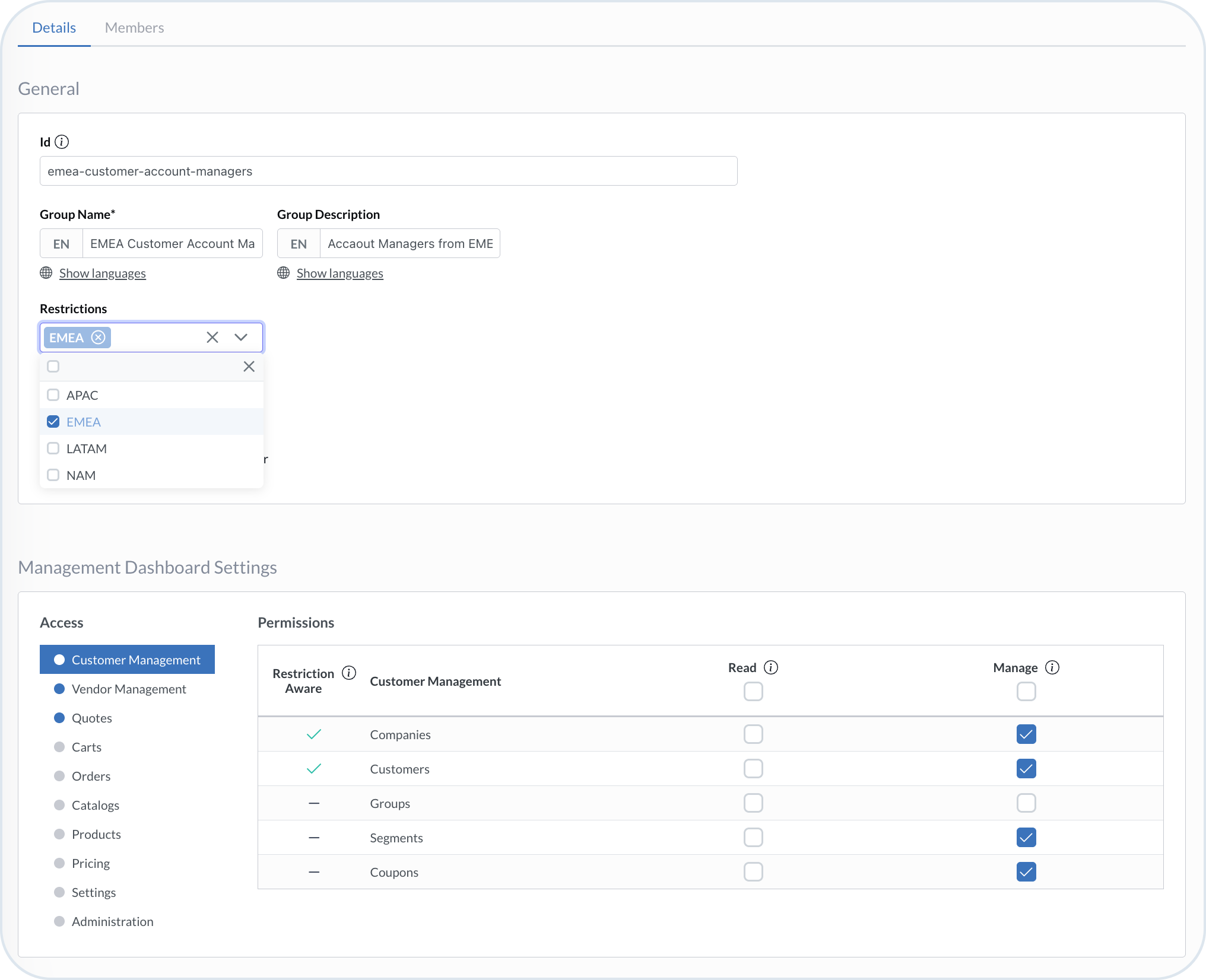 Group with custom restrictions