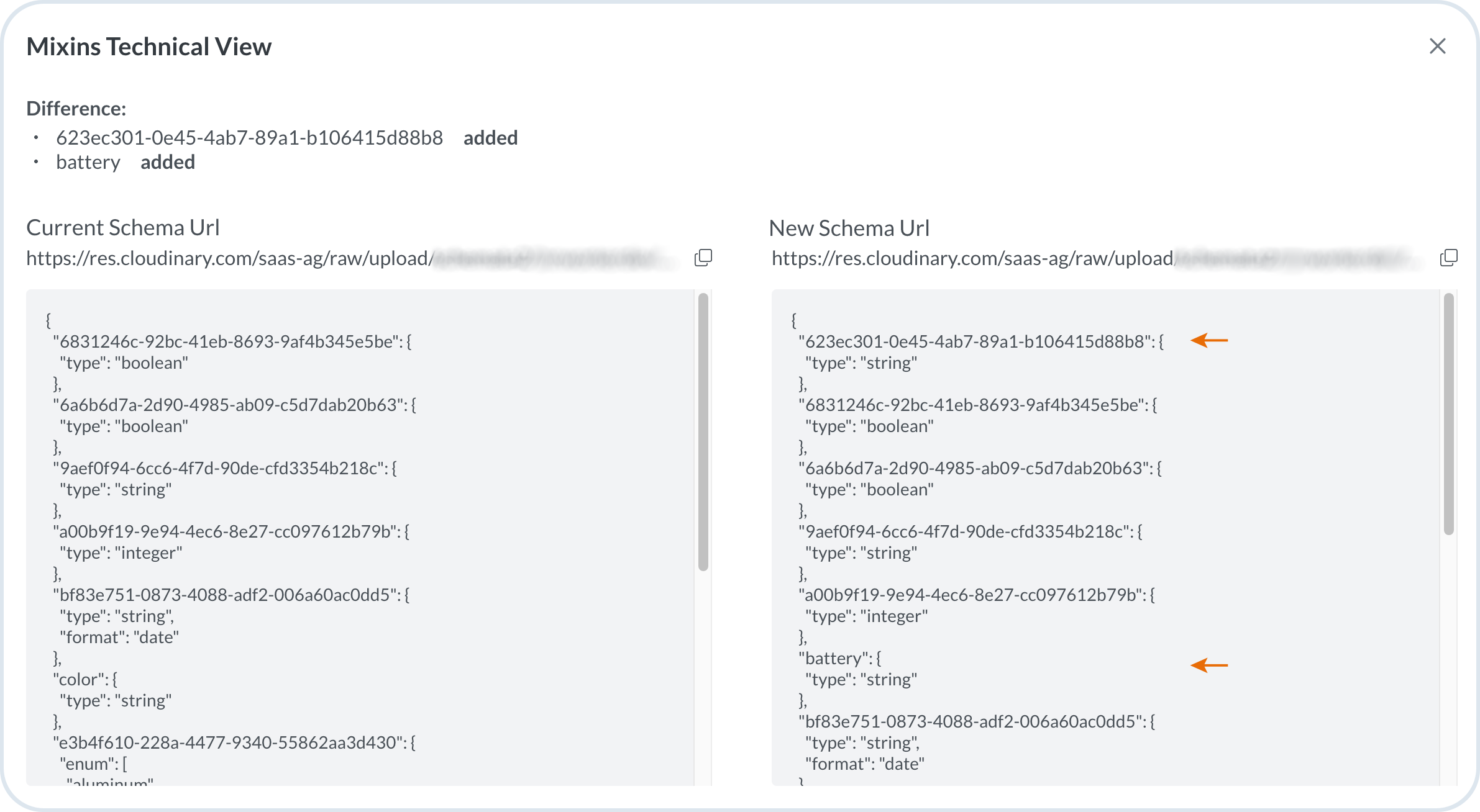 Technical JSON diff view comparing current and updated mixin schemas