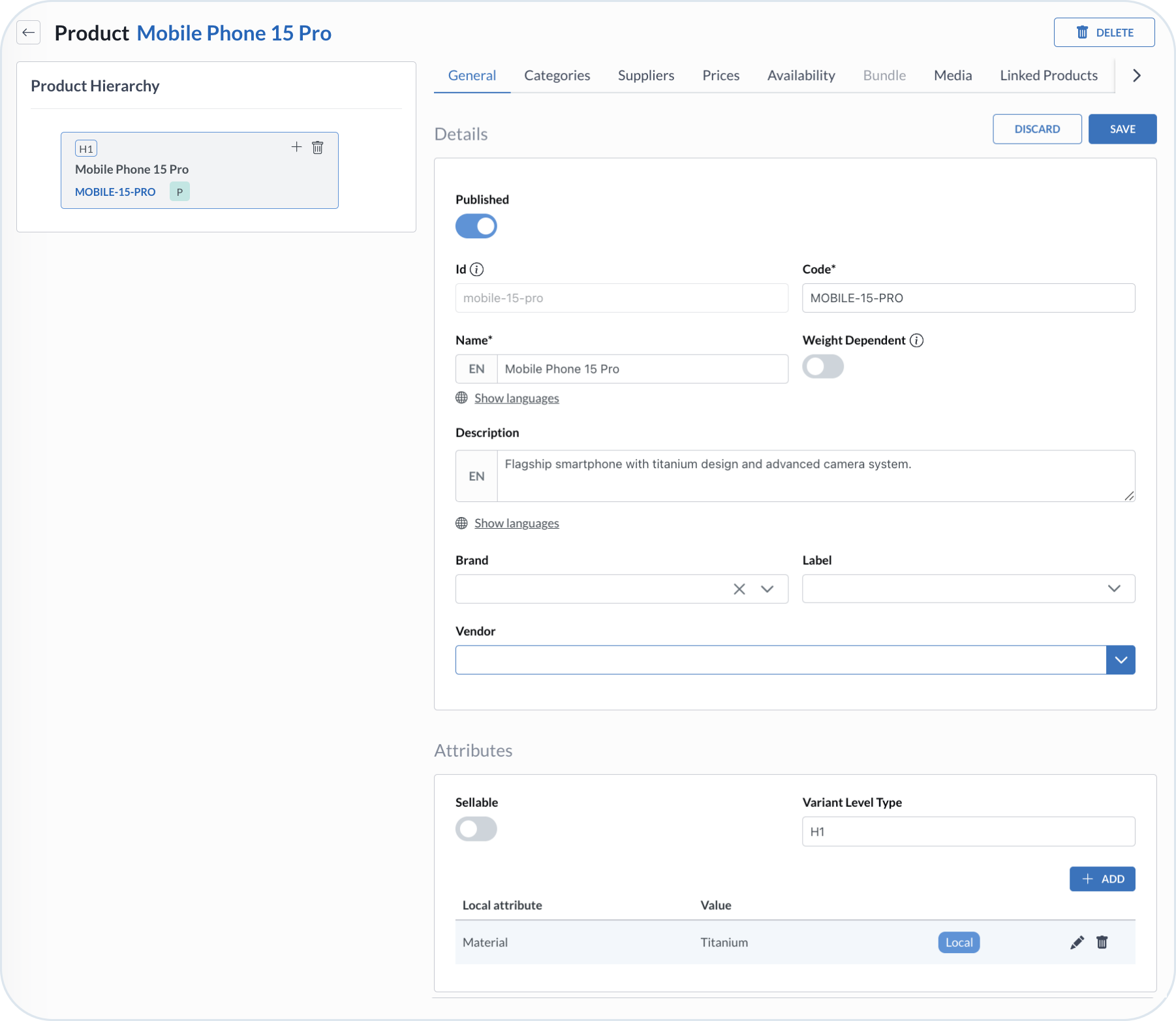 Variant hierarchy – parent product