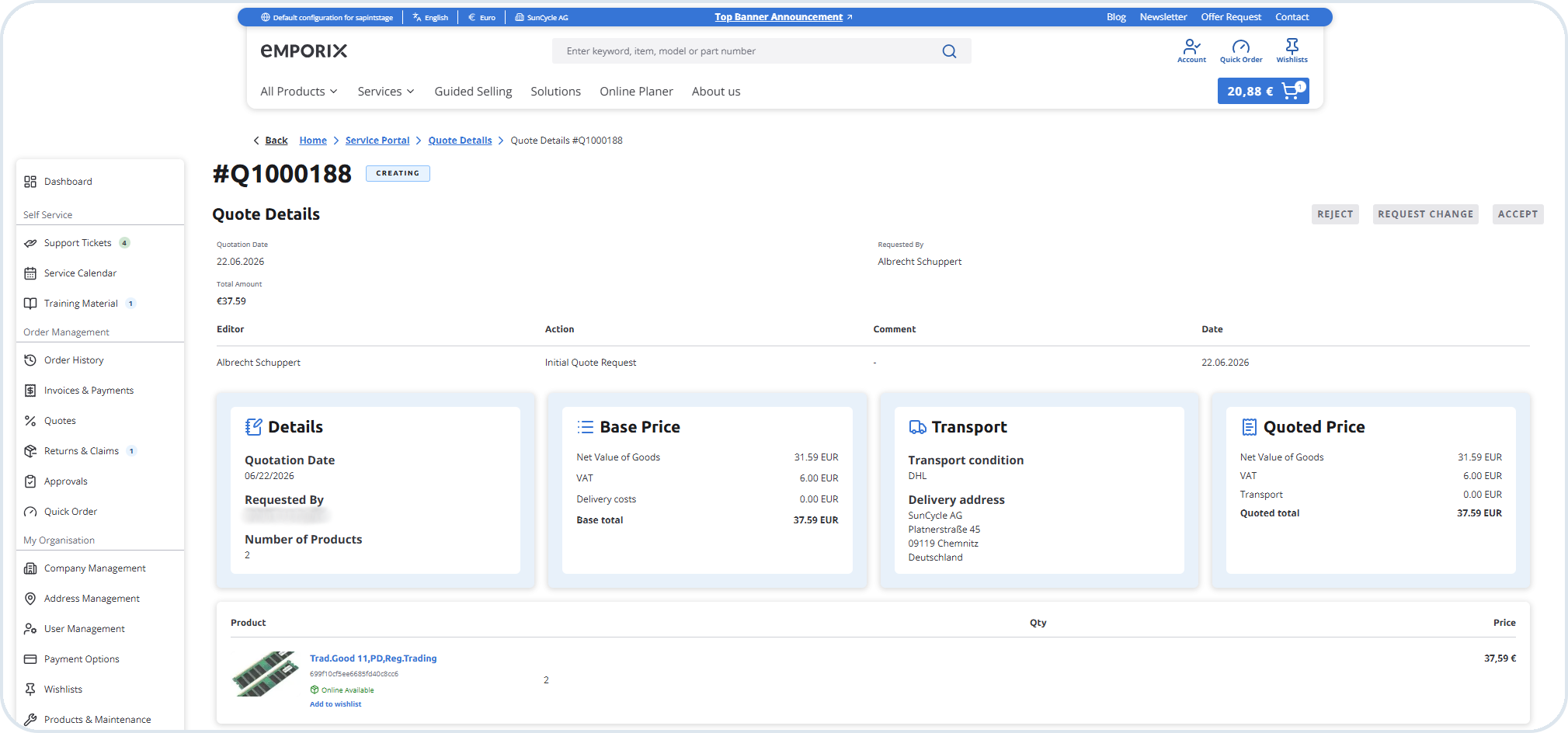 Quote details on the B2B Commerce Frontend with Creating status