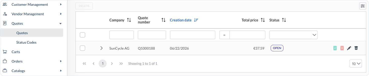 Replicated SAP quotation in the Management Dashboard Quotes list with Open status