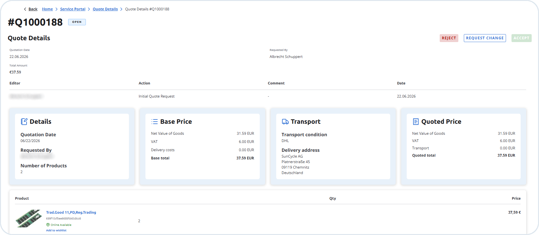 Quote details on the B2B Commerce Frontend with Open status and accept actions