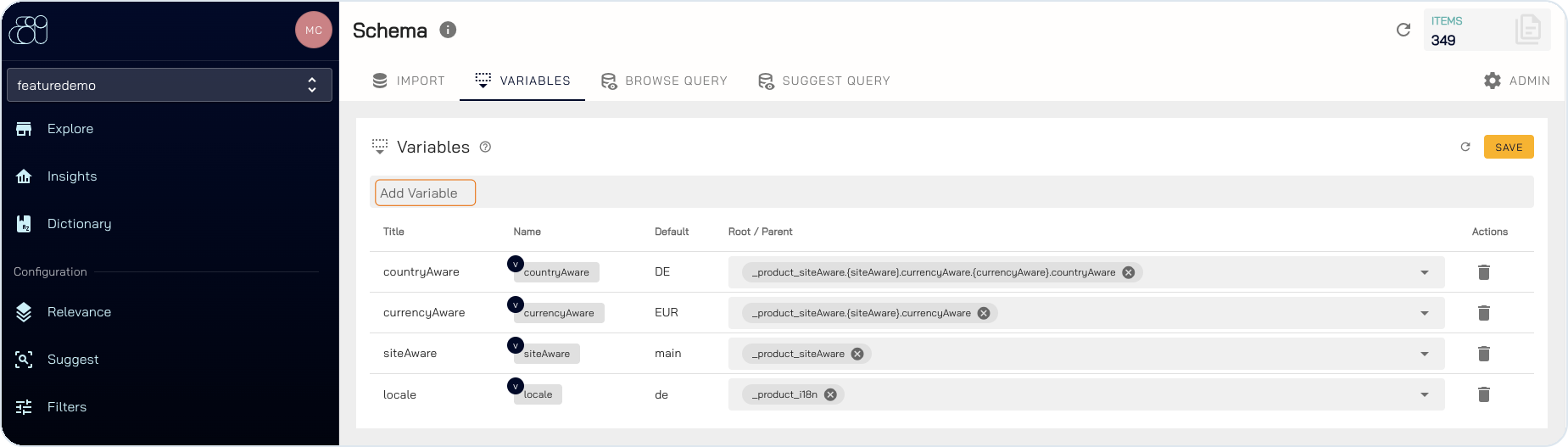 BatteryIncluded schema variables for locale, siteAware, currencyAware, and countryAware