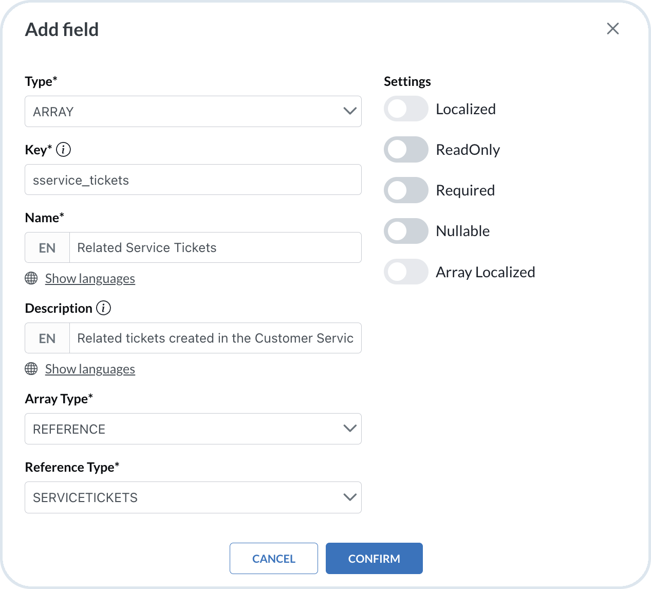 Configuring reference settings for a mixin field