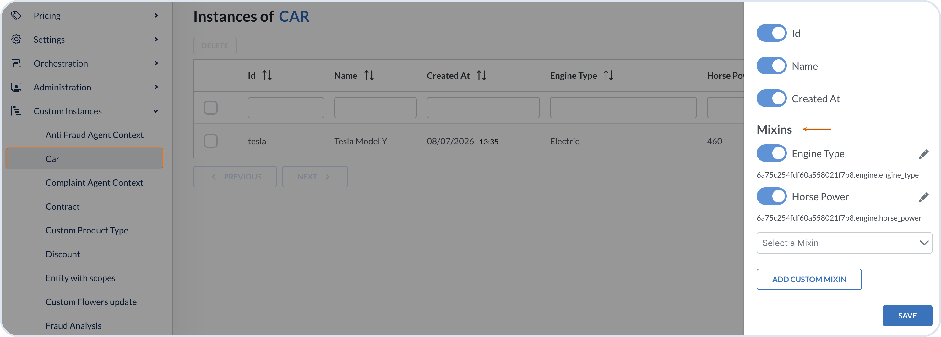 Adding mixin columns to custom instances view