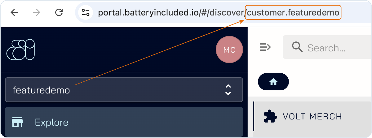 Tenant identifier in the BatteryIncluded Portal URL (`applicationId` and `indexName`)
